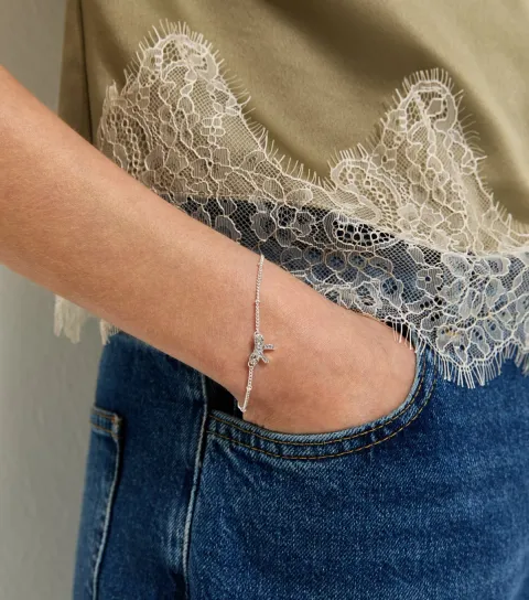 New Look Silver Tone Diamante Bow Chain Bracelet