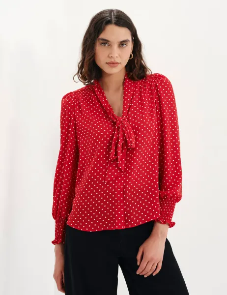 Finery London Polka Dot Tie Neck Button Through Blouse Red Mix