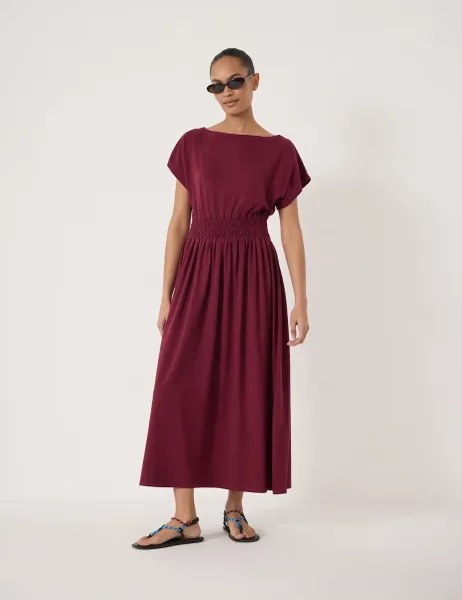 HUSH Jersey Slash Neck Midi Waisted Dress Dark Red
