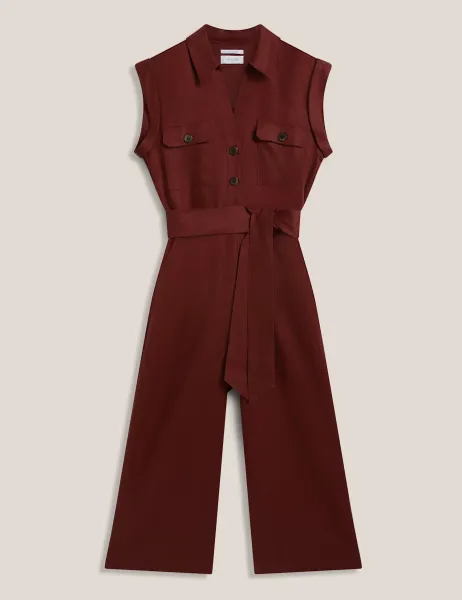 Hobbs Pure Linen Button Front Cropped Jumpsuit Brown