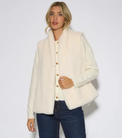Gini London Women's White Faux Fur Sleeveless Longline Gilet