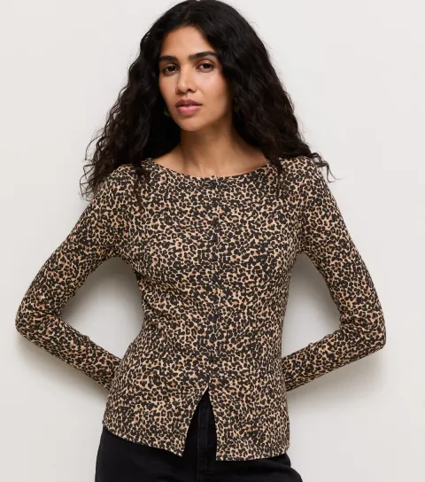 Women's Brown Animal Print Button Through Long Sleeve Top