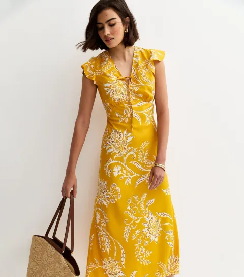 Women's Yellow Floral Flutter Sleeve Midi Dress
