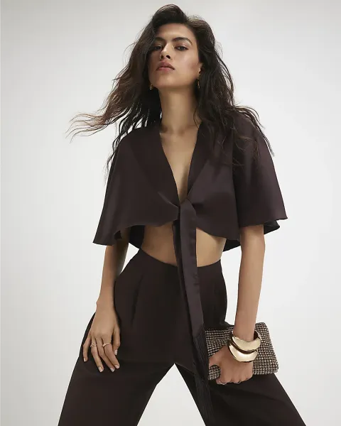 River Island Tie Front Satin Fringe Cape