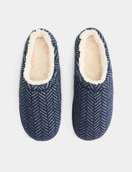 Marks & Spencer Fleece Lined Herringbone Mule Slippers Navy