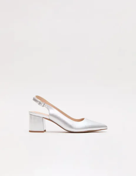 Phase Eight Leather Metallic Block Heel Slingback Shoes Silver