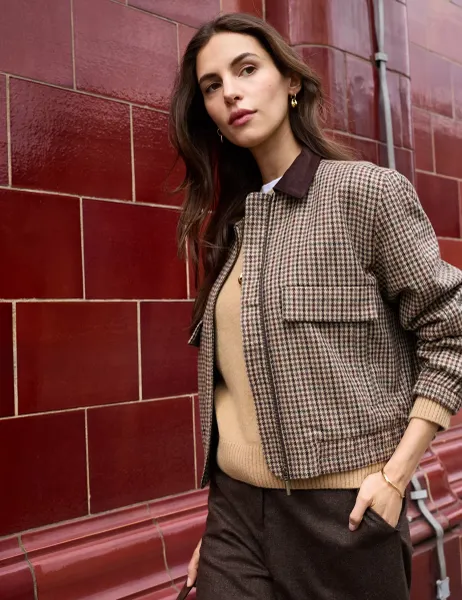 BAUKJEN Wool Rich Puppytooth Relaxed Bomber Jacket Brown