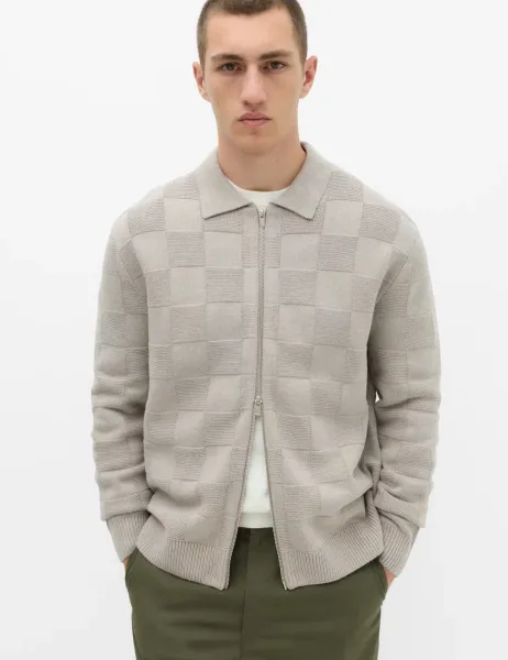 Marks & Spencer Cotton Rich Checked Zip Up Knitted Jacket Pebble