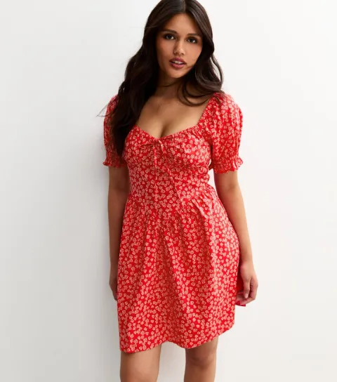 Women's Red Floral Print Puff Sleeve V Front Mini Dress