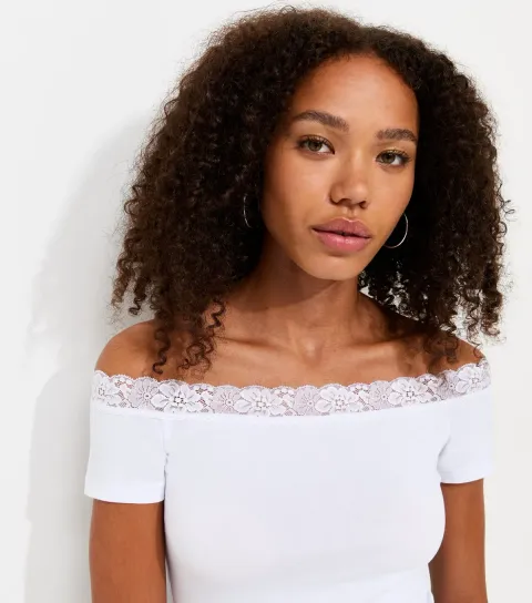 Women's White Cotton Rich Lace Trim Bardot T-Shirt