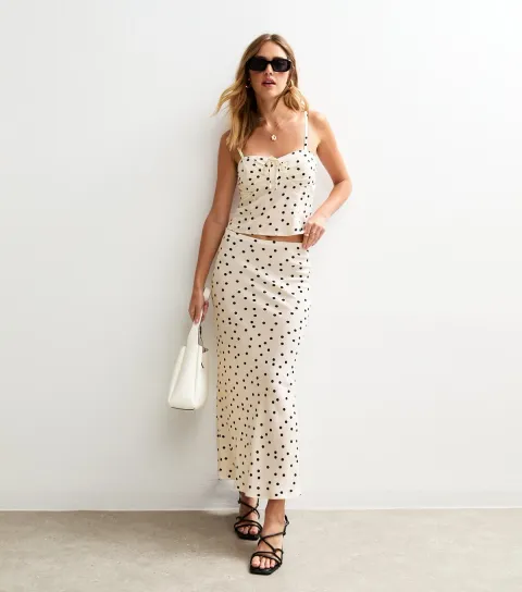 Women's Cream Spot Print Bias Cut Midi Skirt