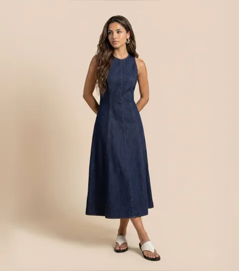 Women's Blue Denim Look Sleeveless A-Line Midi Dress