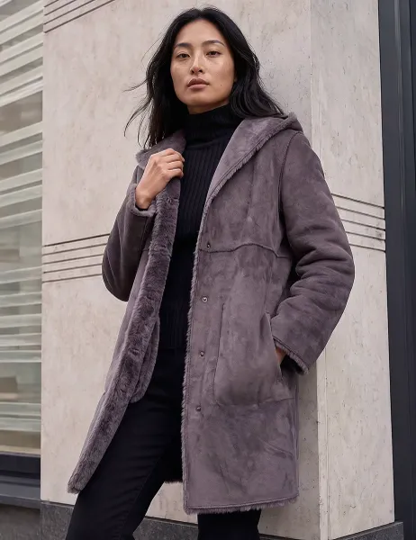 Roman Petite Faux Sheepskin Reversible Hooded Coat Taupe