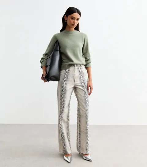 Women's White Snakeskin Print Wide Leg Jeans