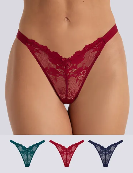 Boux Avenue 3 Pack Fran Lace High Leg Thongs Red