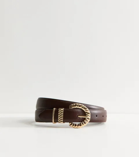 Dark Brown Faux Leather Textured Buckle Belt