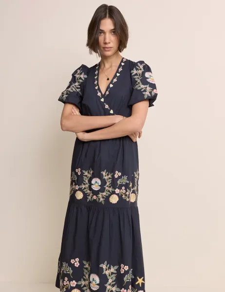 Nobody's Child X Elizabeth Scarlett Pure Cotton Embroidered Midi Tiered Dress Blue