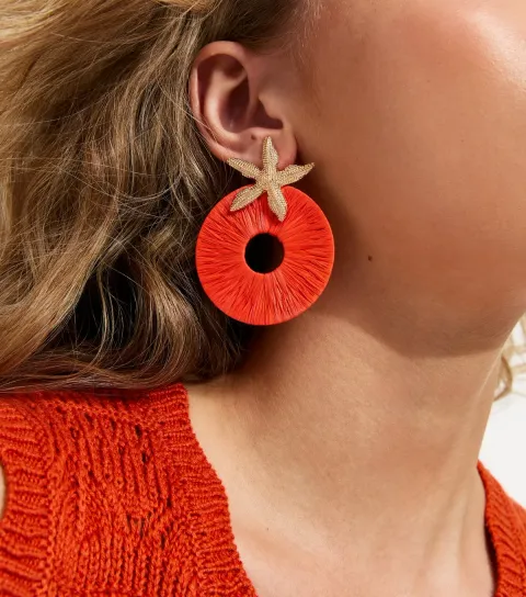 Bright Orange Starfish Circle Drop Thread Earrings