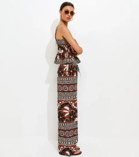 Women's Brown Palm Tree Print Wide Leg Trousers