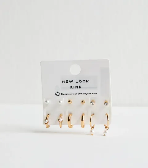 Pack of 6 Gold Tone Faux Pearl Mini Stud and Hoop Earrings