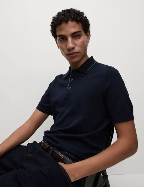 Marks & Spencer Cotton Rich Knitted Polo Shirt Navy