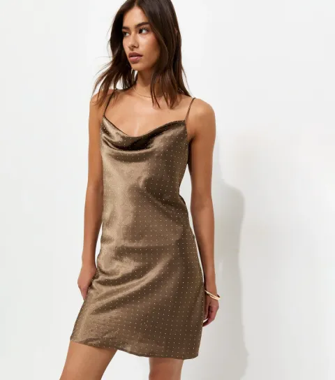 Women's Mink Satin Diamanté Embellished Cowl Neck Mini Dress