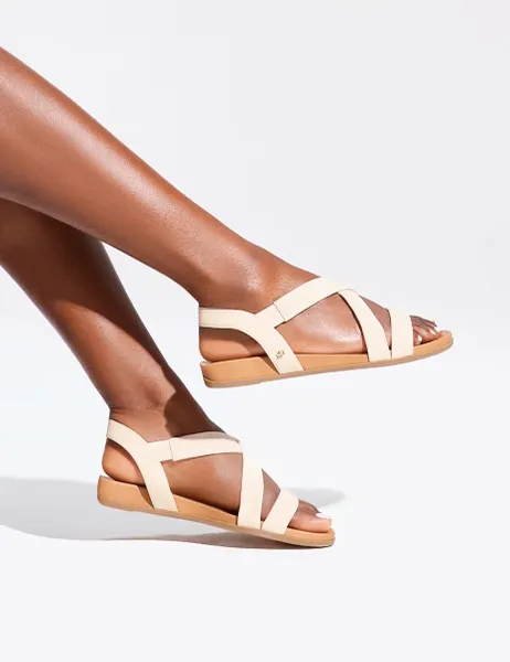 Dune London Leather Cross Strap Flat Sandals Ecru
