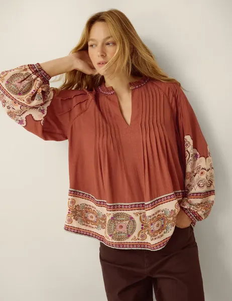 Printed Pintuck Blouse Brown Mix