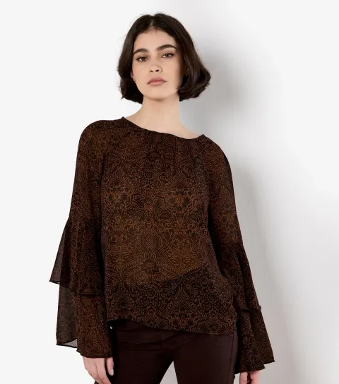Women's Rust Paisley Print Ruffle Sleeve Blouse
