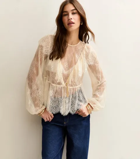 Women's White Floral Lace Long Sleeve Semi Sheer Blouse