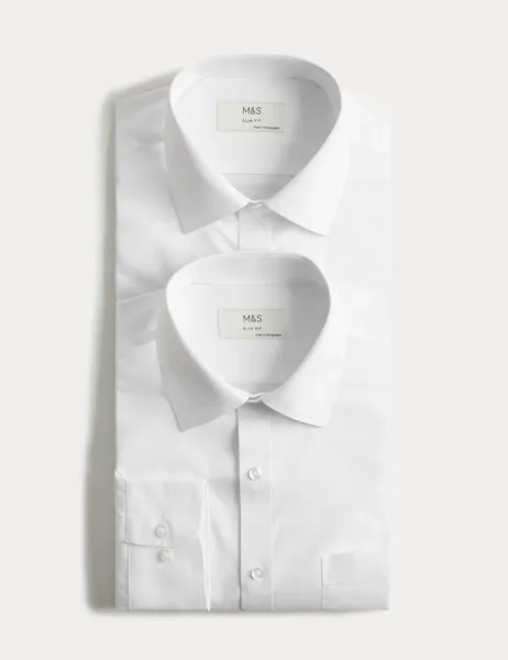 Marks & Spencer 2 Pack Slim Fit Easy Iron Cotton Blend Shirts White