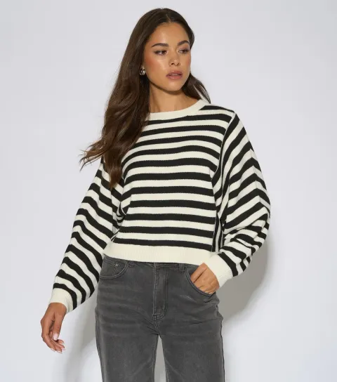 Gini London Women's White and Black Striped Long Sleeve Jumper