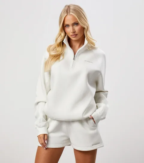 Women's Cream Raglan Sleeve Funnel Neck Fleece Sweatshirt