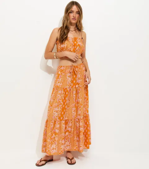 Women's Orange Paisley Print Tiered Maxi Skirt