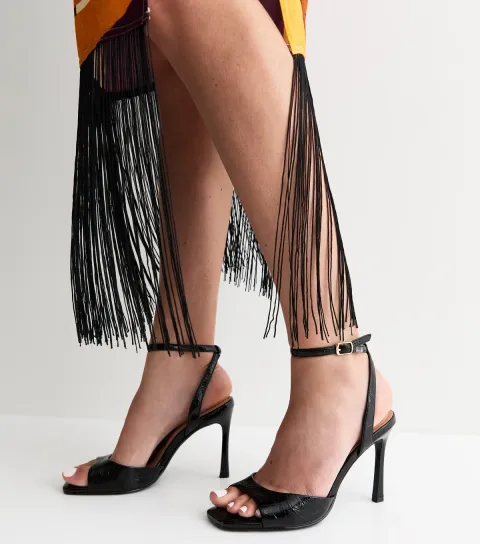 Women's Black Patent Faux Leather Open Toe Stiletto Sandals Vegan