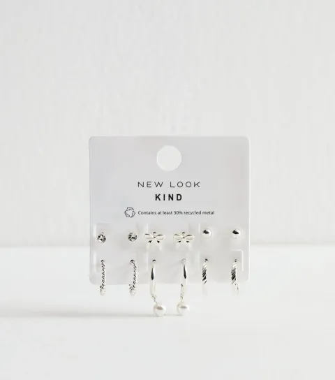 Silver Tone Pack of 6 Assorted Stud and Hoop Earrings