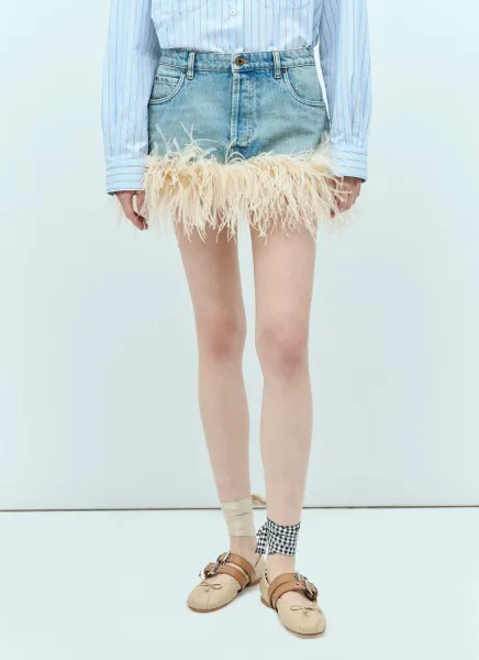 Feather-Trimmed Denim Mini Skirt