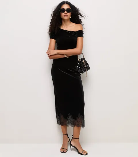 Women's Black Velvet Lace Trim Midi Skirt