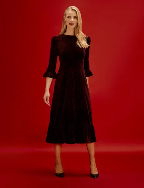 Velvet Animal Print Midi Tea Dress Burgundy Mix