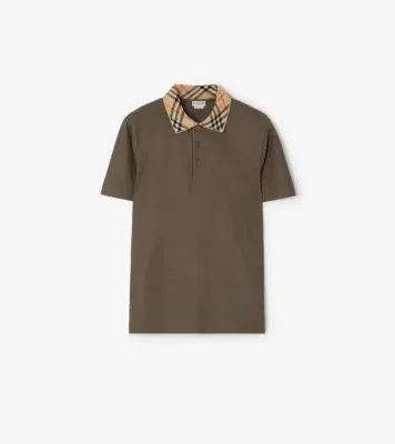 Check Collar Cotton Polo Shirt in Sepia brown