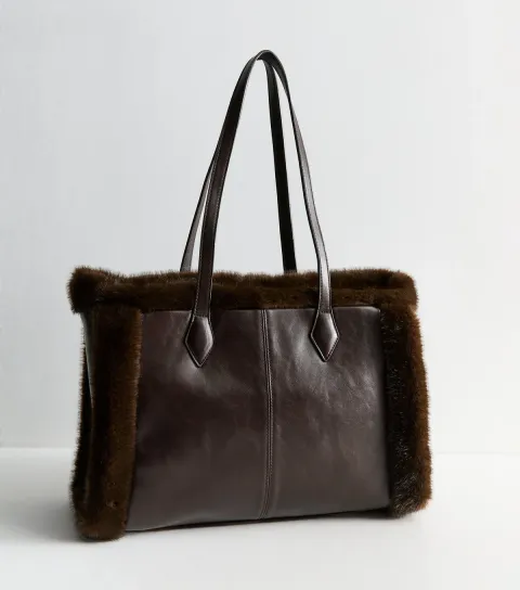 New Look Dark Brown Faux Leather and Fur Trim Tote Bag
