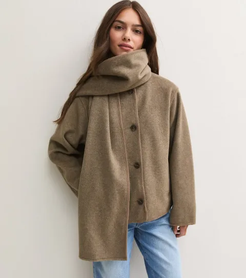 New Look Women's Petite Mink Soft Scarf Funnel Neck Jacket