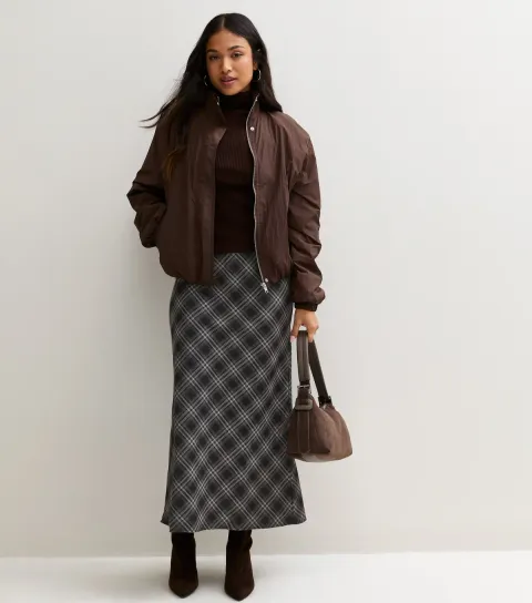 New Look Women's Petite Grey Checked Bias Cut Midi Skirt