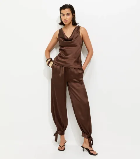 Women's Dark Brown Satin Cowl Neck Top