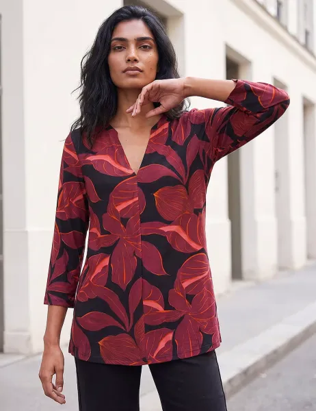 Roman Floral V Neck Stretch Top Red Mix