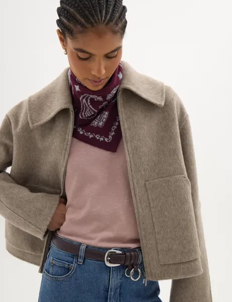 HUSH Double Faced Pure Wool Collared Short Jacket Oatmeal