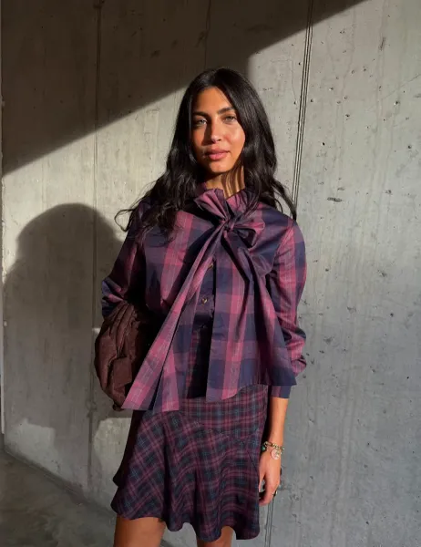 Never Fully Dressed Lyocell Rich Checked Tie Neck Blouse Multi