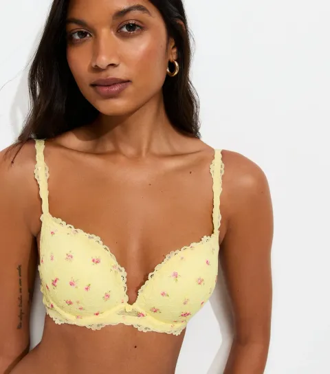 Women's Yellow Floral Print Lace Push Up Bra
