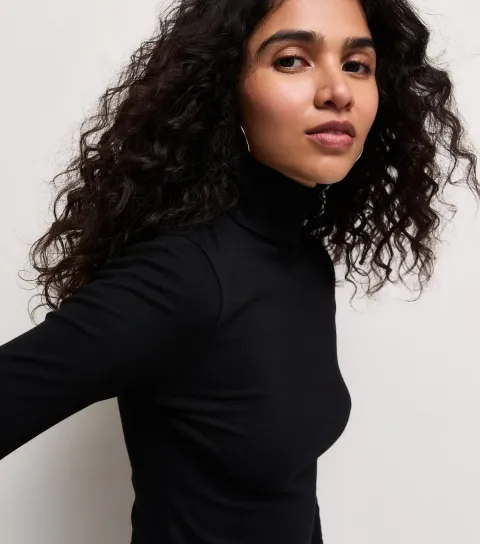 New Look Women's Black Cotton Rich Ribbed Roll Neck Top