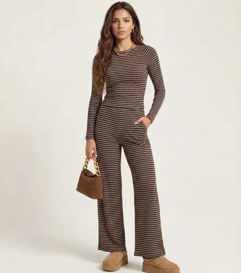 Women's Brown Striped Long Sleeve Top